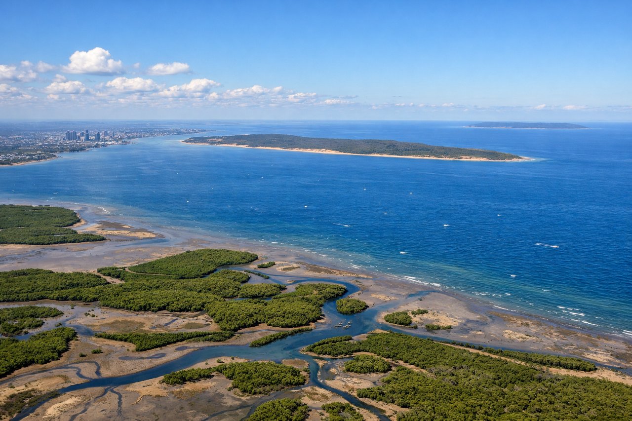 Aerial window seat view during takeoff from Brisbane (left side) — Moreton Bay, Brisbane River mouth, Moreton Island, Gold Coast skyline