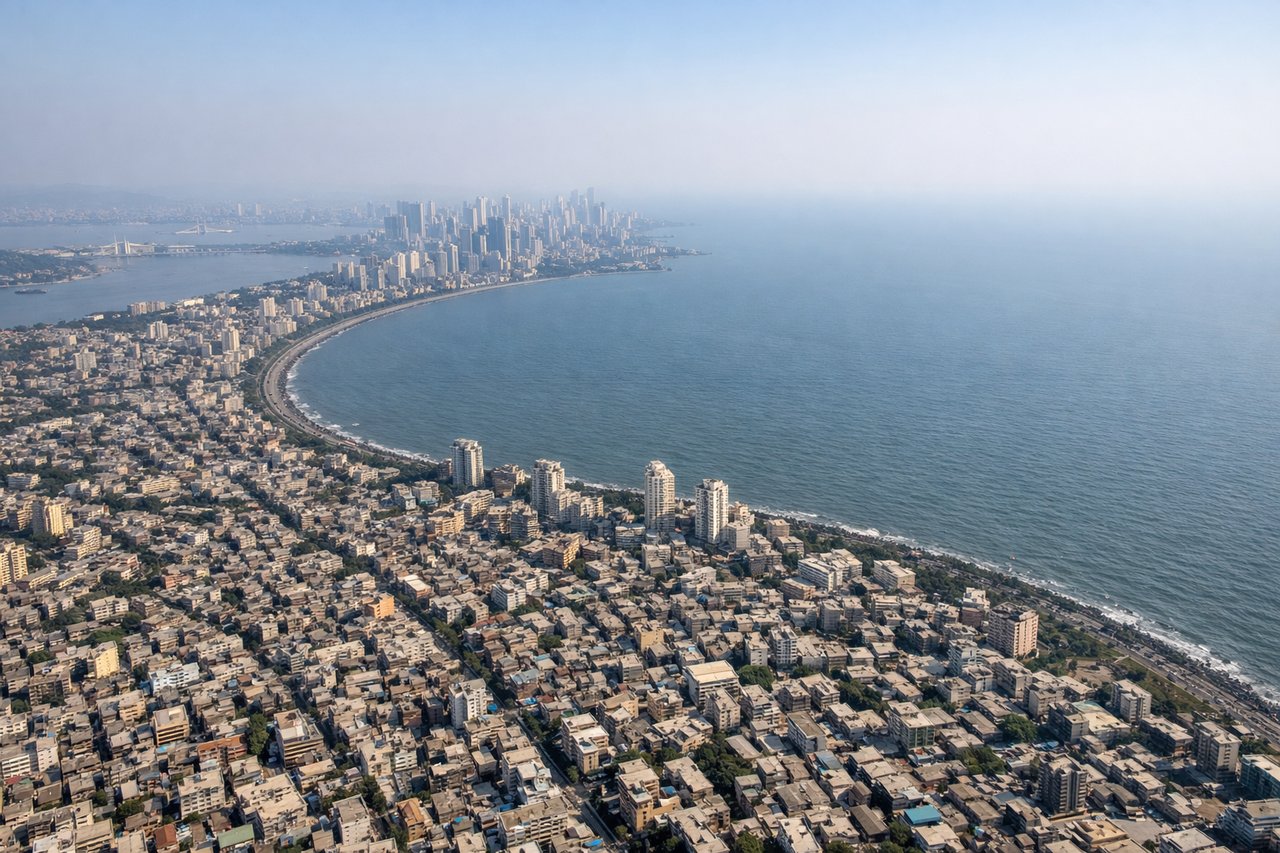 Aerial window seat view during landing at Bombay (right side) — Arabian Sea, Thane Creek, Mumbai harbor and waterfront, Western Ghats mountains (distant)
