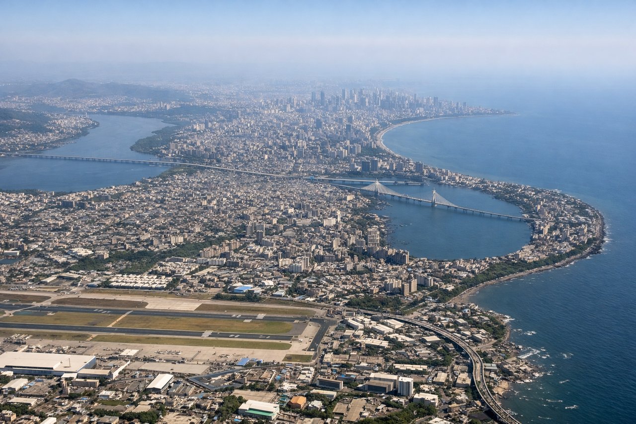 Aerial window seat view during takeoff from Bombay (right side) — Arabian Sea, Mumbai metropolitan area (Colaba to Bandra districts), Western Ghats mountain range (eastern horizon), Elephanta Island