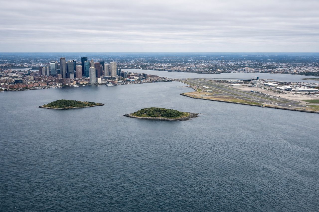Left window seat view during landing at Boston (BOS) — Downtown Boston skyline (Prudential/Hancock towers), Charles River and Back Bay, Dorchester Bay, Boston Harbor islands in the distance