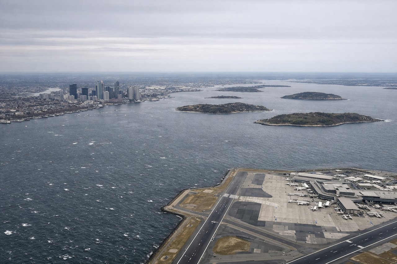 Aerial window seat view during landing at Boston (right side) — Boston Harbor and harbor islands, Atlantic Ocean, downtown Boston skyline, Charles River