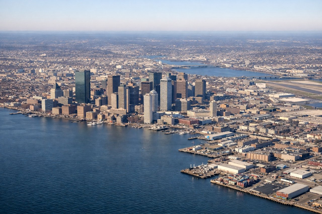 Aerial window seat view during takeoff from Boston (right side) — Boston Harbor and its islands, downtown Boston skyline, Charles River and Cambridge, Quincy Bay