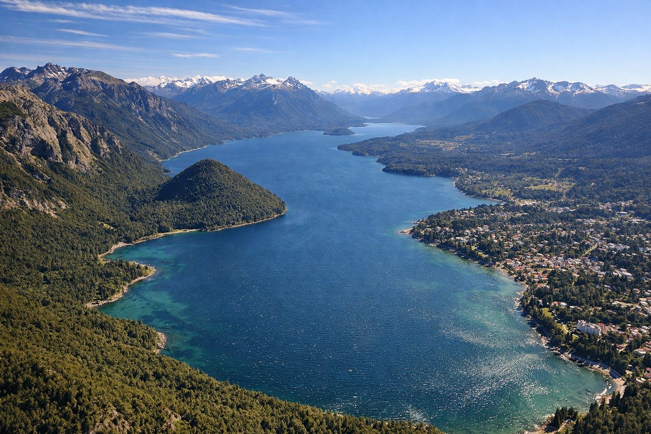 Left window seat view during landing at San Carlos De Bariloch (BRC) — Lake Nahuel Huapi, City of San Carlos de Bariloche, Cerro Catedral, Cerro Otto