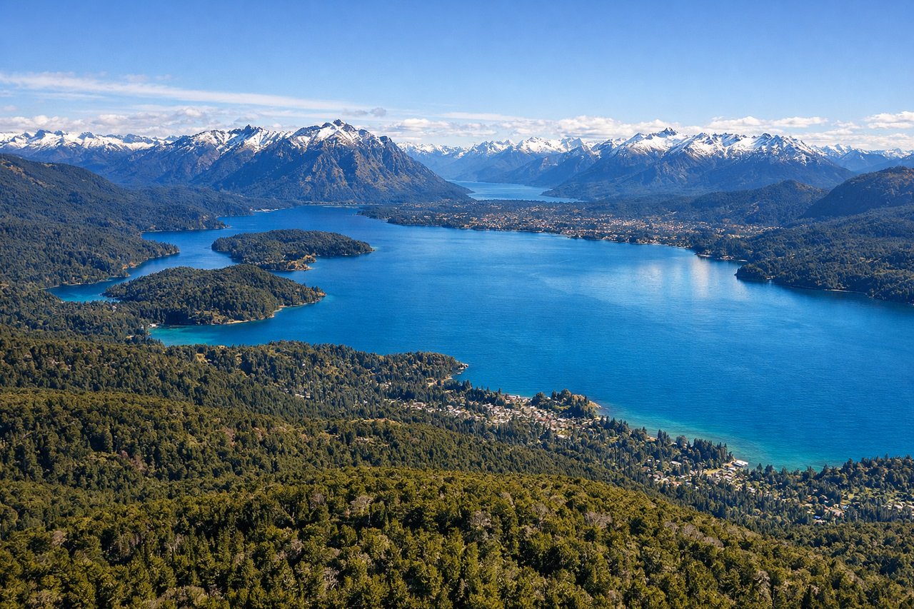 Right window seat view during landing at San Carlos De Bariloch (BRC) — Lake Nahuel Huapi, City of San Carlos de Bariloche, Cerro Catedral, Cerro Otto