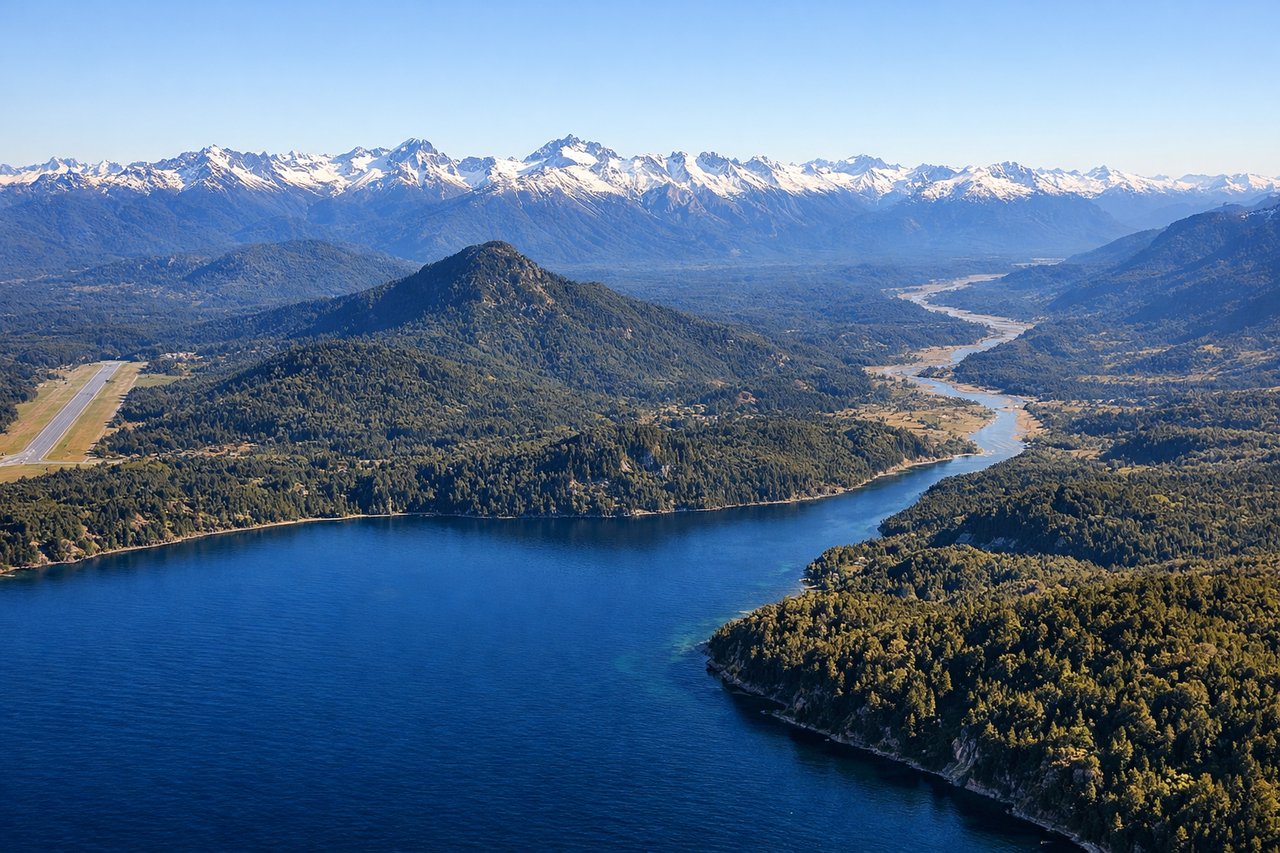 Left window seat view during takeoff from San Carlos De Bariloch (BRC) — Lago Nahuel Huapi, Cerro Tronador, Cerro Catedral, Isla Victoria