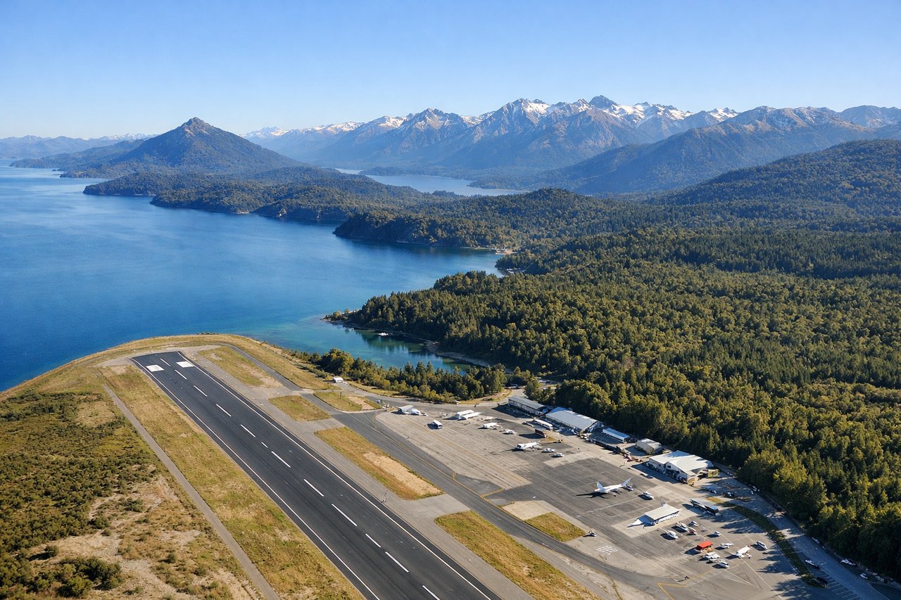 Aerial window seat view during takeoff from San Carlos De Bariloch (right side) — Lago Nahuel Huapi (large glacial lake directly adjacent to airport), Cerro Campanario (distinctive peak southwest of airport), Andes foothills rising westward, Circuito Chico peninsula formations