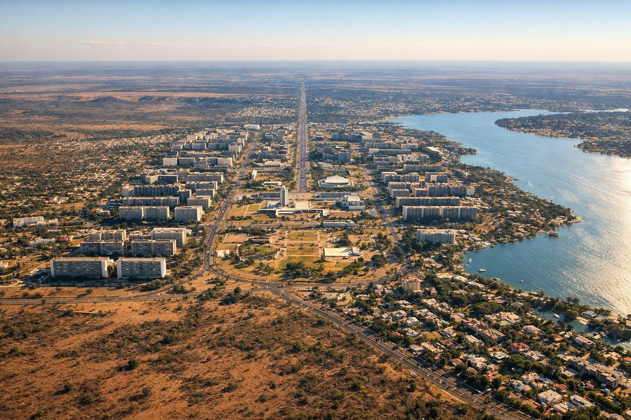Left window seat view during landing at Brasilia (BSB) — Lake Paranoá, Plano Piloto (Brasília's planned city center), Monumental Axis, Congress building area near the lakeshore