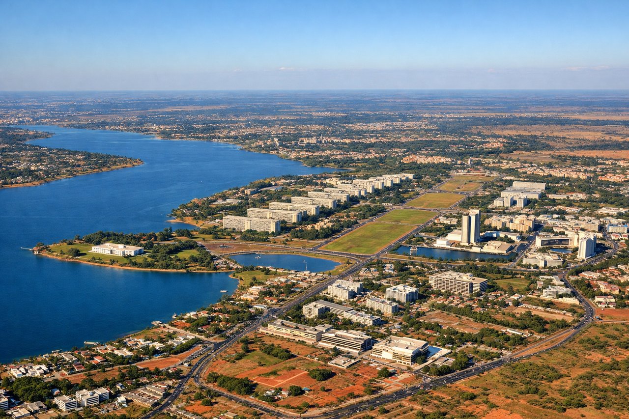 Aerial window seat view during landing at Brasilia (right side) — Paranoá Lake (large artificial reservoir with clear geometric boundaries), Brasilia's modernist urban grid and government plaza, Brazilian cerrado savanna landscape (reddish-brown vegetation), Brasilia's distinctive curved and linear architectural patterns visible from above