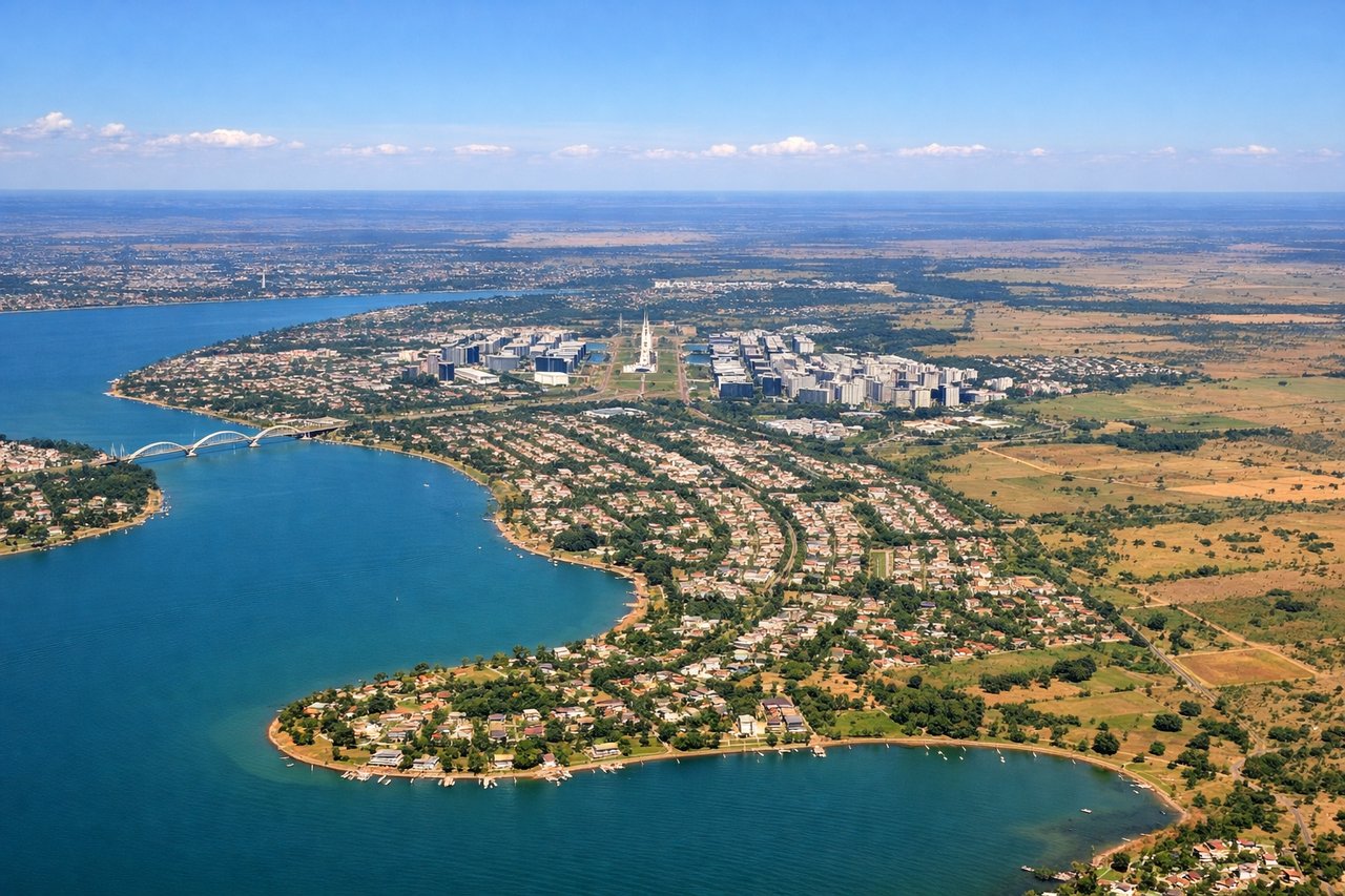 Aerial window seat view during takeoff from Brasilia (right side) — Brasília's Monumental Axis (central spine of the city), Lake Paranoá (artificial reservoir surrounding central districts), the grid pattern of the Plano Piloto residential sectors