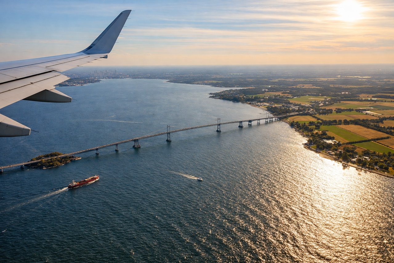 Aerial window seat view during landing at Baltimore (left side) — Patapsco River estuary, Baltimore Harbor, Chesapeake Bay, Fort McHenry (small but identifiable)