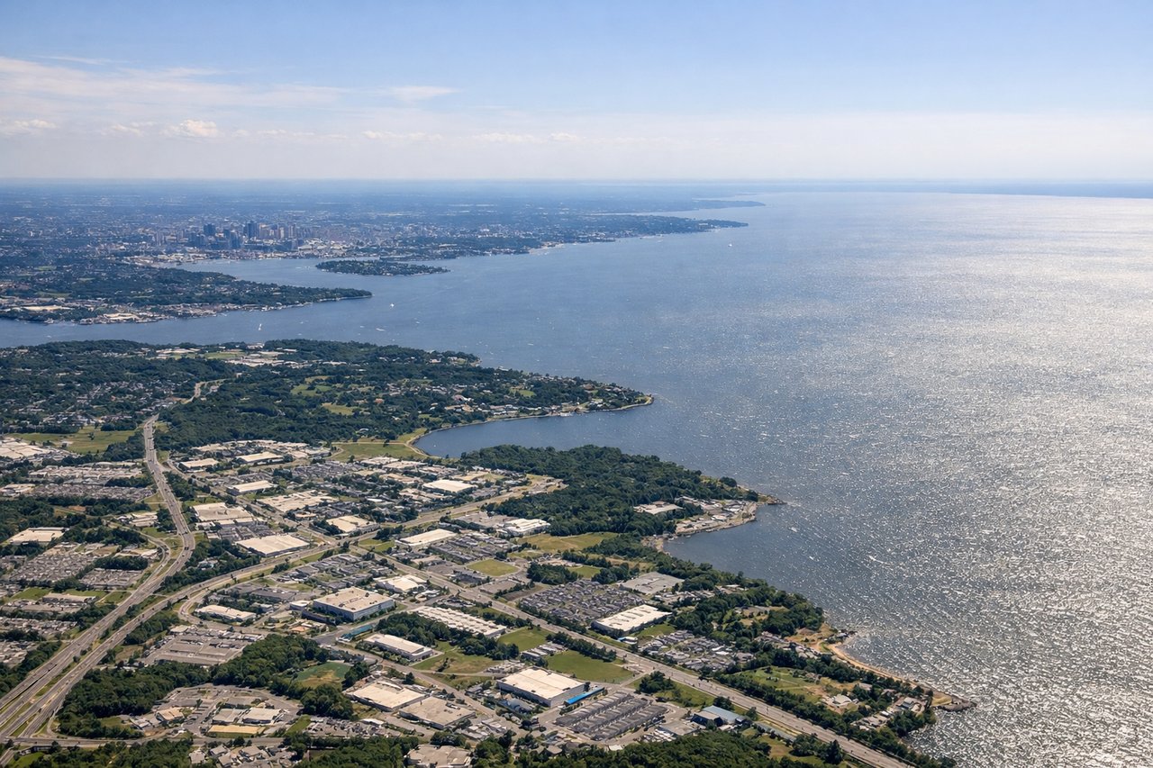Right window seat view during landing at Baltimore (BWI) — Baltimore city skyline and Inner Harbor, Patapsco River, suburban Baltimore neighborhoods like Arbutus and Catonsville
