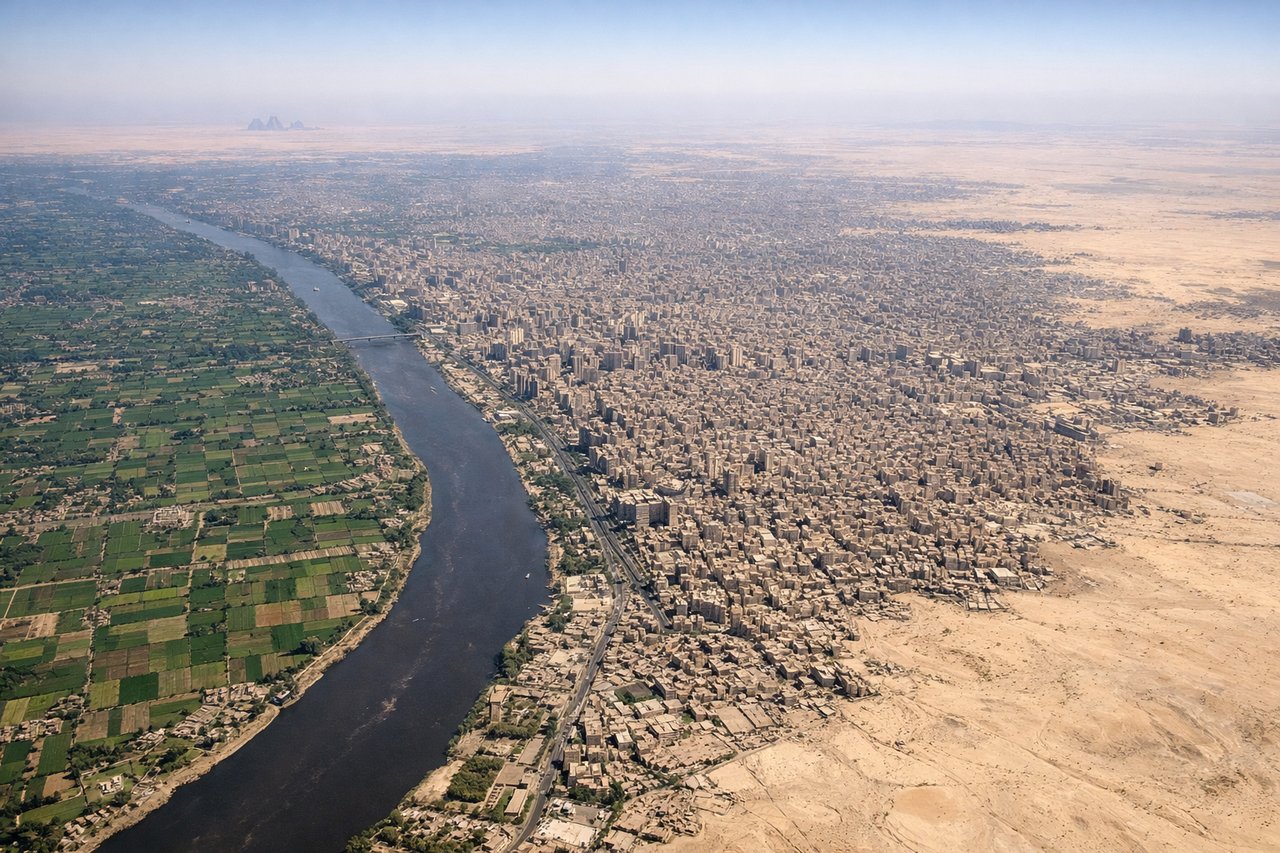Aerial window seat view during landing at Cairo (right side) — Nile River valley with green agricultural strip, Cairo metropolitan area sprawl, Giza plateau with pyramids, Sahara Desert surrounding the river