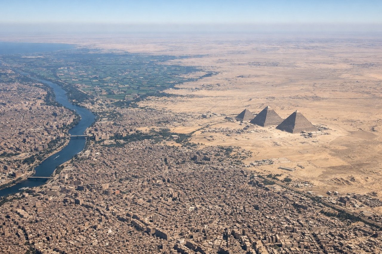 Left window seat view during takeoff from Cairo (CAI) — Nile River and its islands (Zamalek/Gezira), central Cairo's urban sprawl, Giza pyramids as a distant silhouette, eastern desert fringe below the wing