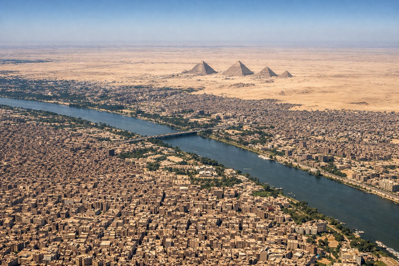 Aerial window seat view during takeoff from Cairo (right side) — Giza Pyramid Complex, the Nile River snaking through Cairo, Greater Cairo urban sprawl, Heliopolis district directly below
