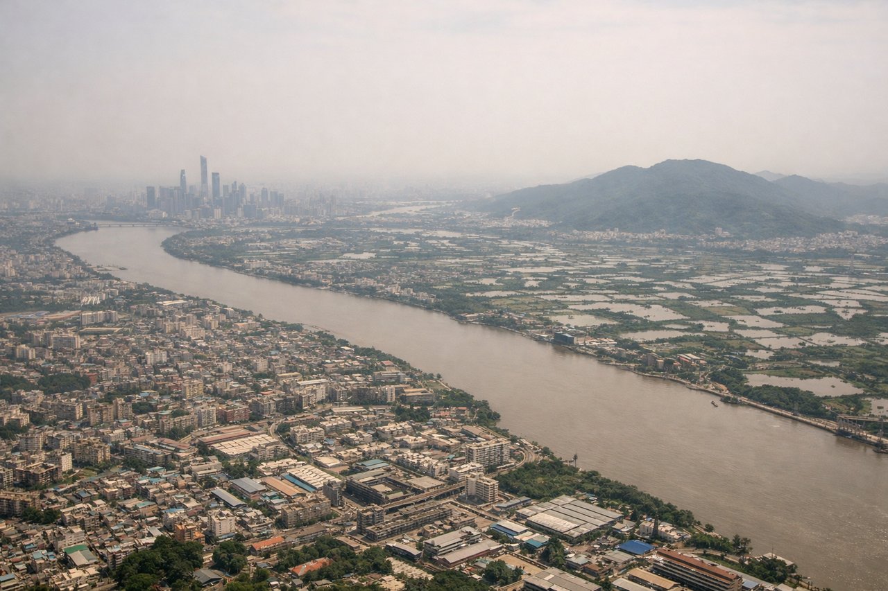 Aerial window seat view during landing at Guangzhou (left side) — Pearl River Delta waterways and islands, Guangzhou urban sprawl, South China Sea coastline to the south, agricultural plains north of the delta