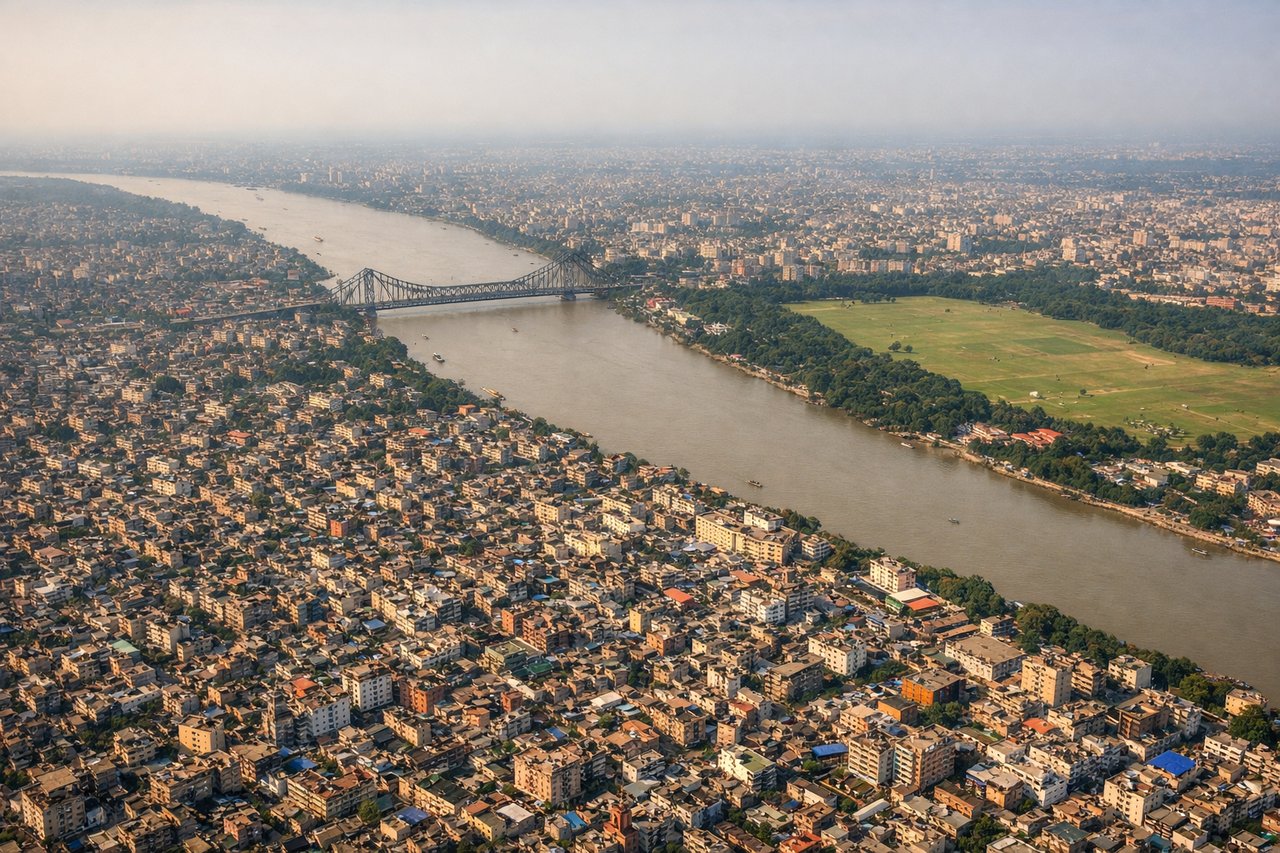 Aerial window seat view during landing at Calcutta (left side) — Hooghly River with its distinctive meanders and multiple bridges (Howrah Bridge, Vidyasagar Setu), Calcutta city grid and Maidan open space, industrial areas of Howrah on the western bank, Salt Lake City development to the northeast