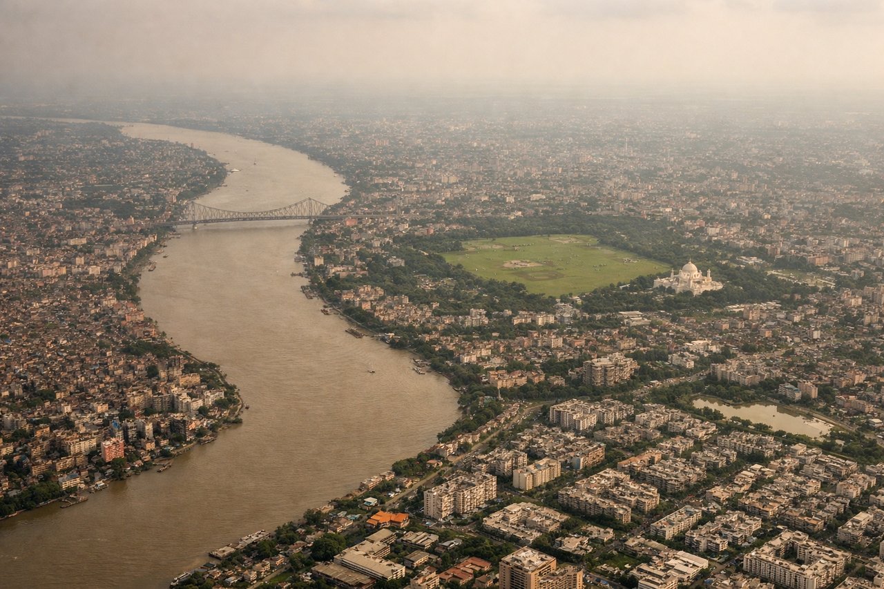 Aerial window seat view during landing at Calcutta (right side) — Hooghly River, Kolkata city skyline, Sundarbans delta fringe, Howrah Bridge area