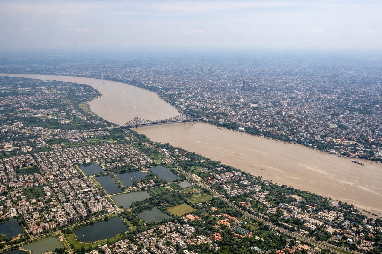Right window seat view during takeoff from Calcutta (CCU) — Hooghly River, Kolkata city sprawl, Howrah Bridge vicinity, Salt Lake/Bidhannagar district
