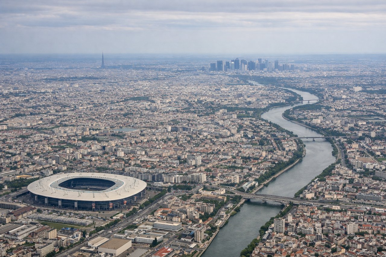 Left window seat view during landing at Paris (CDG) — Paris skyline (Eiffel Tower, La Défense, Sacré-Cœur), Seine and Marne river bends, Villepinte exhibition center, CDG's own terminal complex as you bank onto final