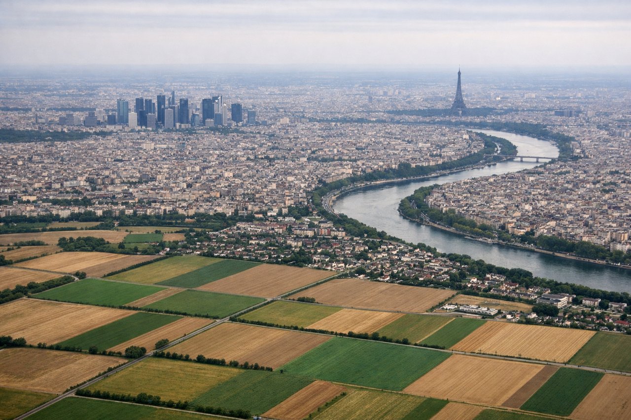 Aerial window seat view during landing at Paris (right side) — Seine River and its meanders, Île-de-France agricultural landscape, Parisian suburbs and urban sprawl, Charles de Gaulle Airport runways