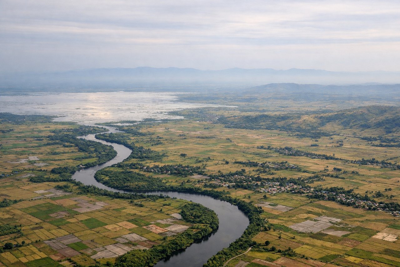 Aerial window seat view during takeoff from Cebu (right side) — Cebu City skyline, Mactan-Mandaue and Marcelo Fernan bridges, Tañon Strait, Mount Kanlaon volcano (Negros)