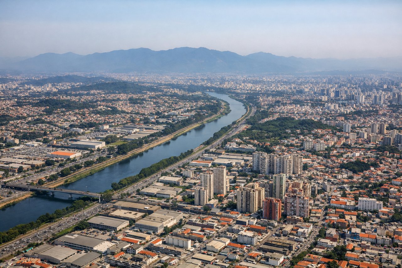 Aerial window seat view during landing at Sao Paulo (left side) — Pinheiros River (visible as a winding linear feature through the city), Serra da Mantiqueira foothills (southwest horizon), São Paulo's southern residential zones (Morumbi, Santo Amaro districts), Represa Billings reservoir (visible as a large dark water body to the south)
