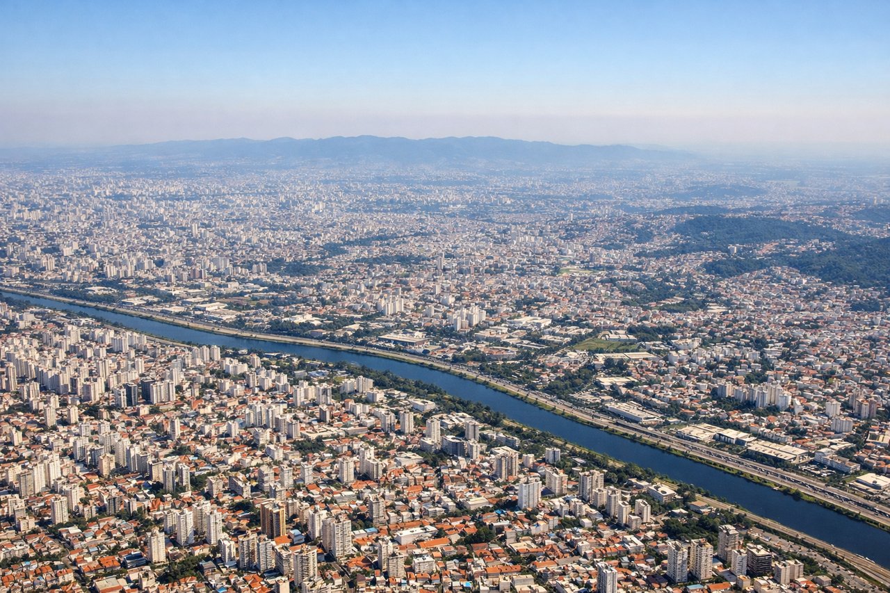 Aerial window seat view during takeoff from Sao Paulo (left side) — São Paulo skyline (Avenida Paulista towers), Ibirapuera Park, Pinheiros River, Serra do Mar ridgeline appearing ahead as the aircraft turns east