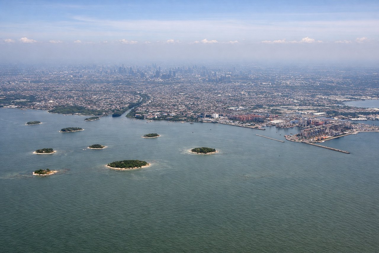 Aerial window seat view during landing at Jakarta (left side) — Sunda Strait (between Java and Sumatra), Java's northern coastline near Tangerang, Jakarta metropolitan area, Thousand Islands (Kepulauan Seribu) scattered in the strait