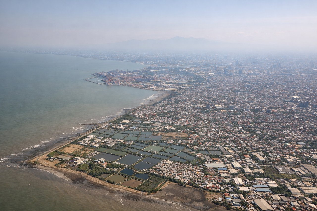 Aerial window seat view during landing at Jakarta (right side) — Thousand Islands (Kepulauan Seribu) scattered across Java Sea, Jakarta Bay with container ships and fishing vessels, Tanjung Priok port complex, Ciliwung River delta and northern Jakarta waterfront