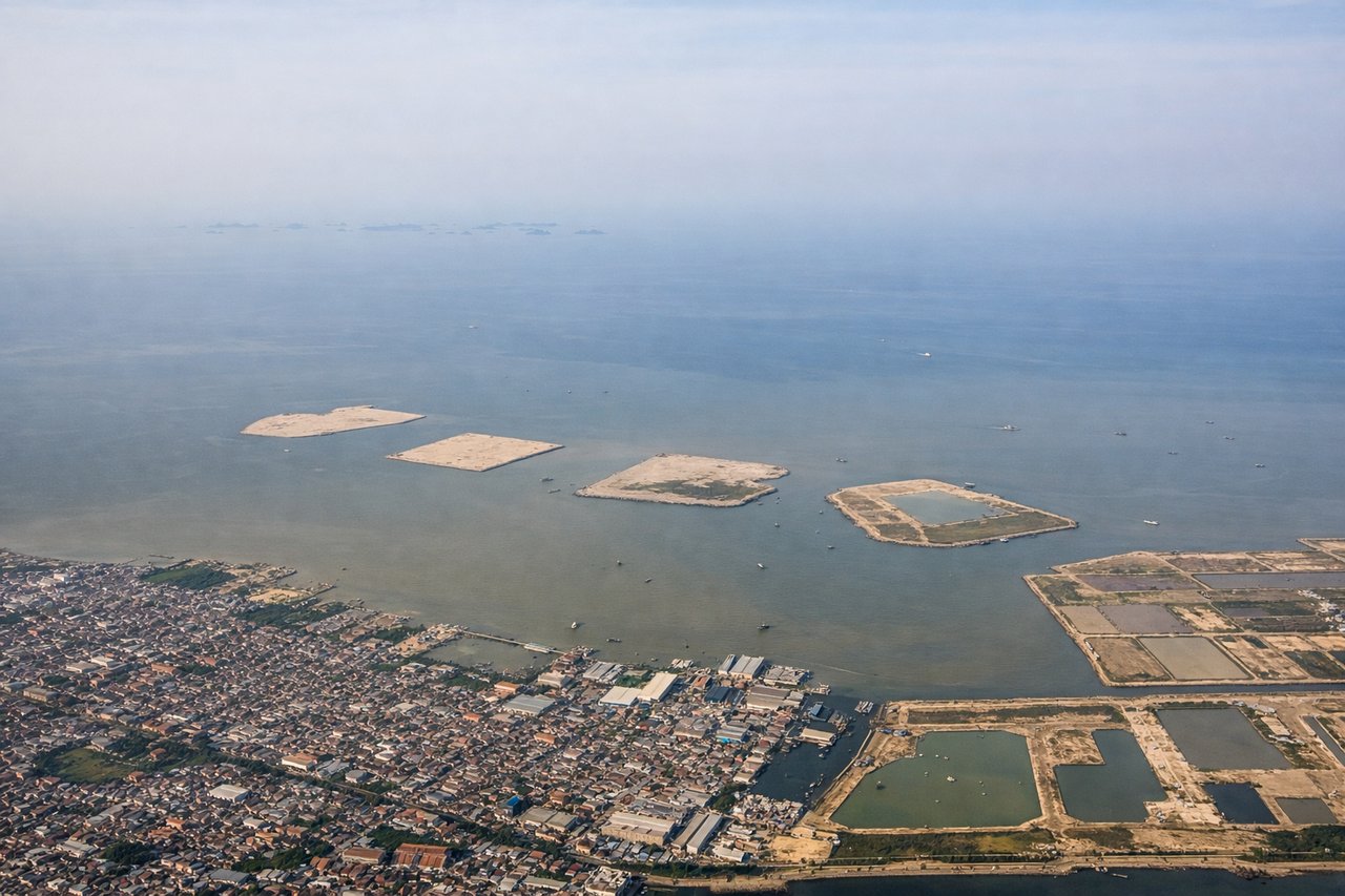 Aerial window seat view during takeoff from Jakarta (right side) — Jakarta's northern coastal districts (Penjaringan, Ancol), Java Sea, Thousand Islands archipelago (Kepulauan Seribu) dotting the horizon, Bogor highlands inland to the southwest