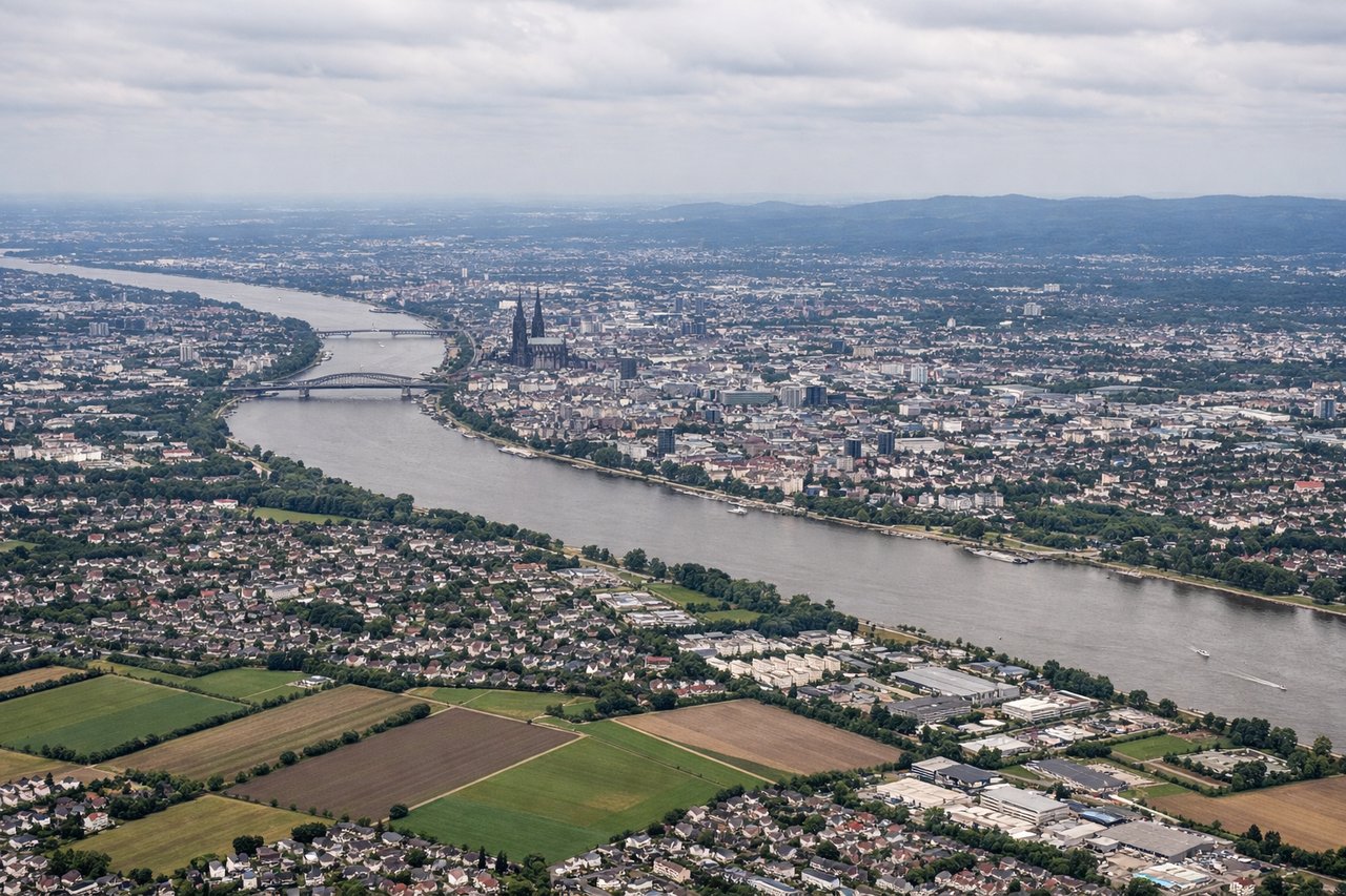 Left window seat view during landing at Cologne (CGN) — Cologne Cathedral (Kölner Dom), Rhine River bend through central Cologne, Cologne city skyline, Rhine bridges (e.g. Hohenzollernbrücke)