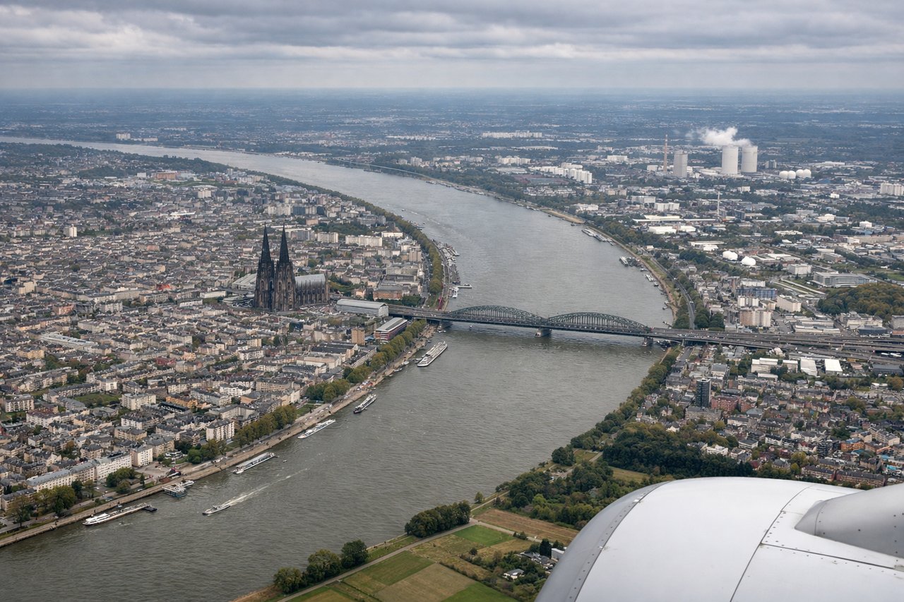 Right window seat view during landing at Cologne (CGN) — Cologne Cathedral (Kölner Dom), Rhine River bend through central Cologne, Cologne city skyline, Rhine bridges (e.g. Hohenzollernbrücke)