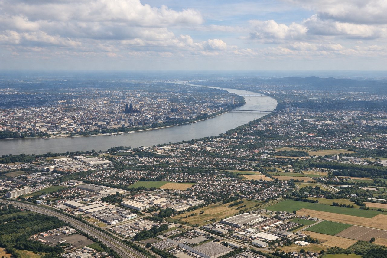 Right window seat view during takeoff from Cologne (CGN) — Cologne Cathedral (Kölner Dom), Rhine River bends through the city, Cologne skyline including Deutz district, Hohenzollern Bridge crossing the Rhine