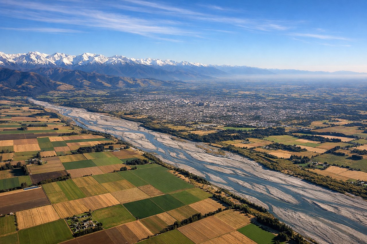 Aerial window seat view during landing at Christchurch (left side) — Canterbury Plains, Southern Alps (eastern face), Banks Peninsula, Christchurch city and surrounding suburbs