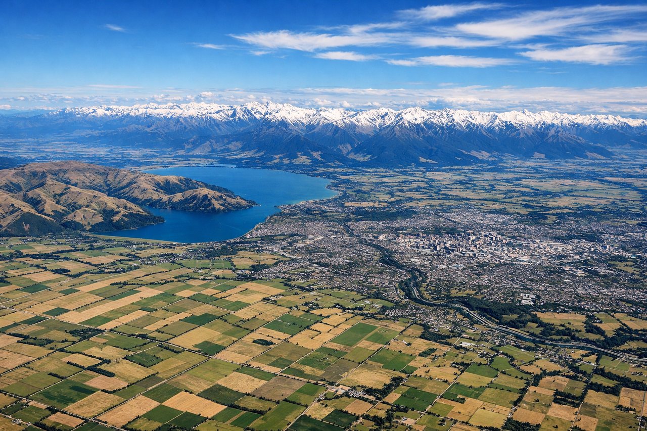 Aerial window seat view during takeoff from Christchurch (left side) — Southern Alps (Mount Cook range visible on clear days), Banks Peninsula, Canterbury Plains, Pegasus Bay