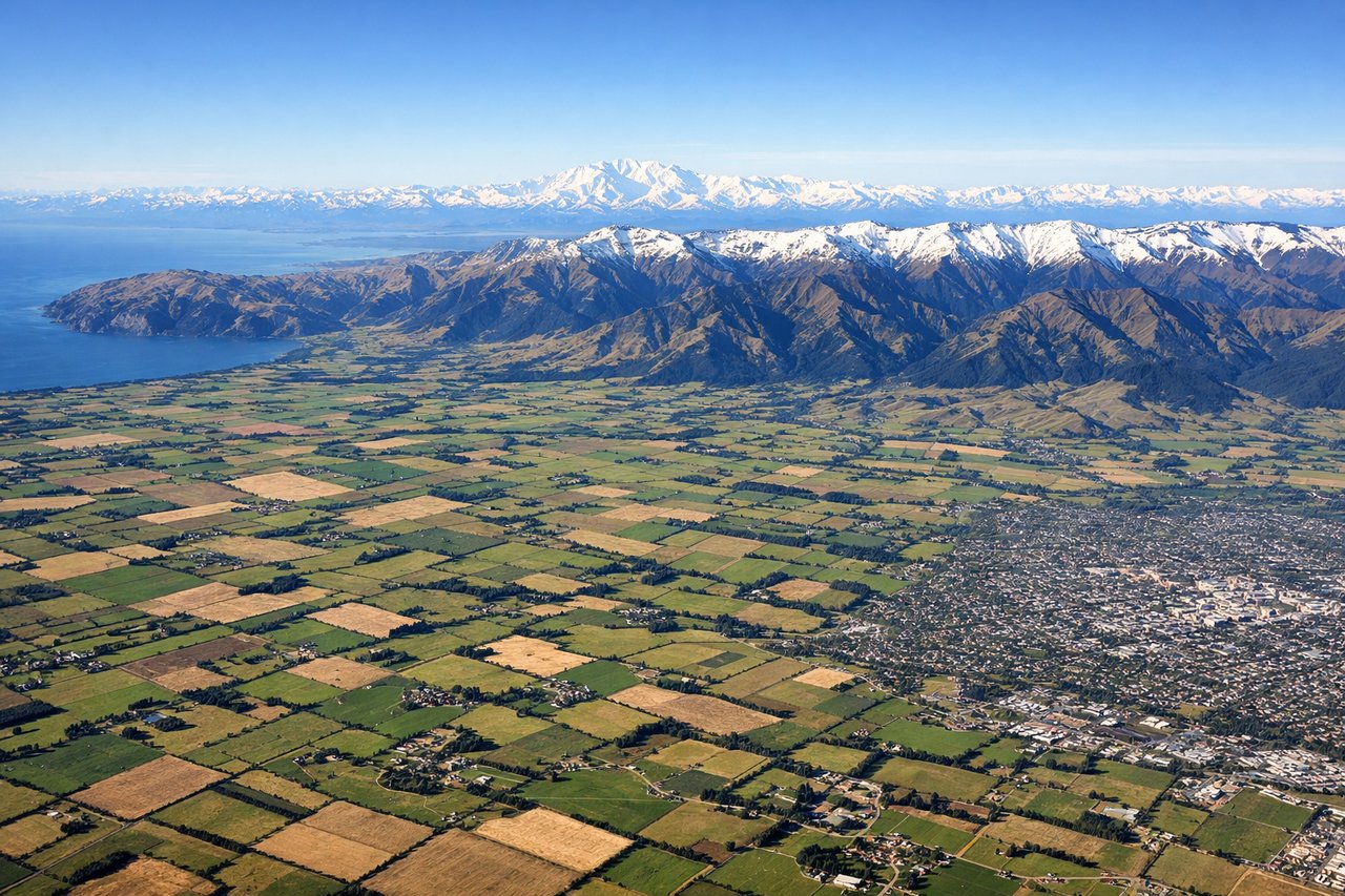 Aerial window seat view during takeoff from Christchurch (right side) — Southern Alps (Mount Cook range on distant western horizon), Canterbury Plains (flat agricultural expanse), Banks Peninsula (distinctive peninsula shape to the southeast), Lyttelton Harbour (visible as water body near Banks Peninsula)