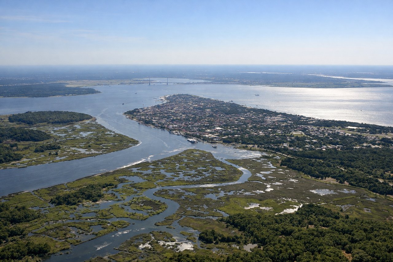 Left window seat view during landing at Charleston (CHS) — Cooper River, Wando River, Charleston Harbor, coastal marshlands