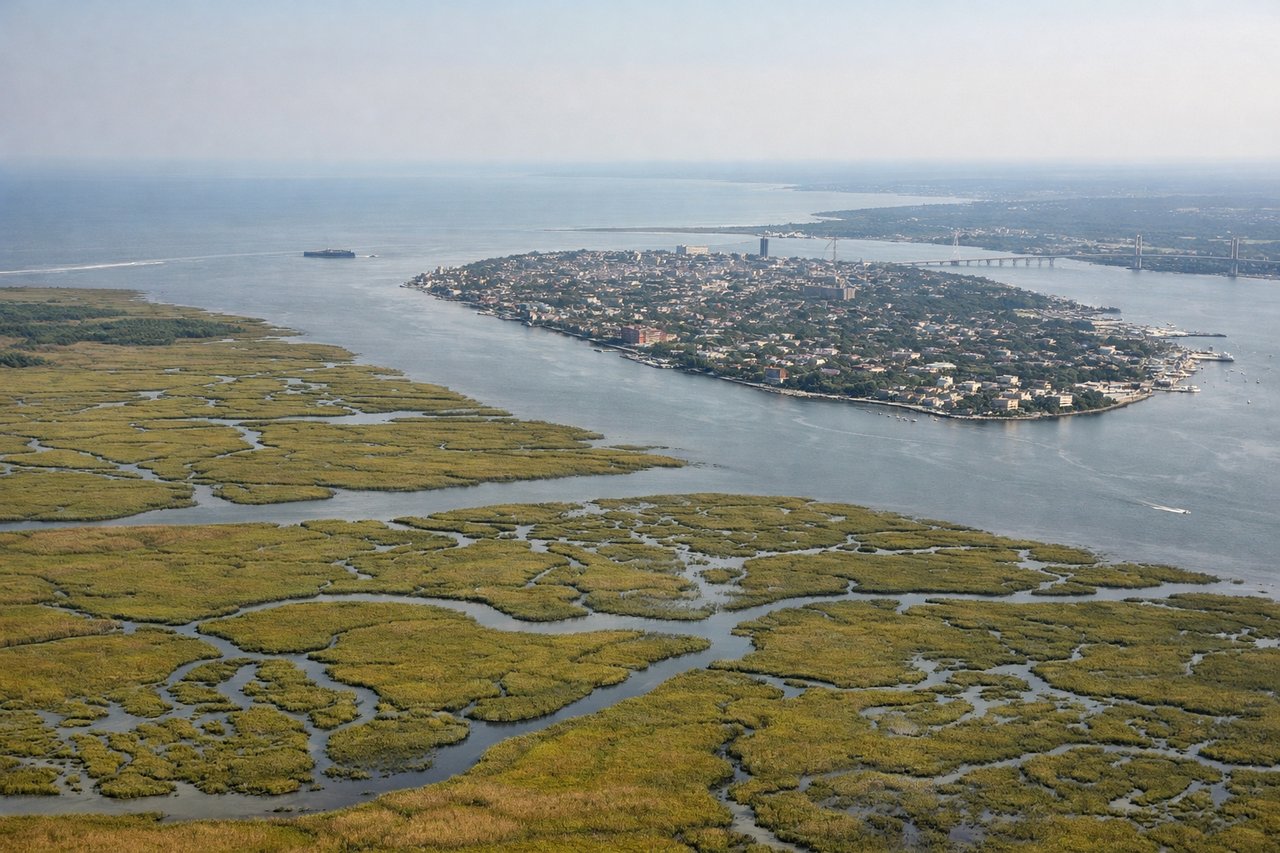 Right window seat view during landing at Charleston (CHS) — Cooper River, Wando River, Charleston Harbor, coastal marshlands