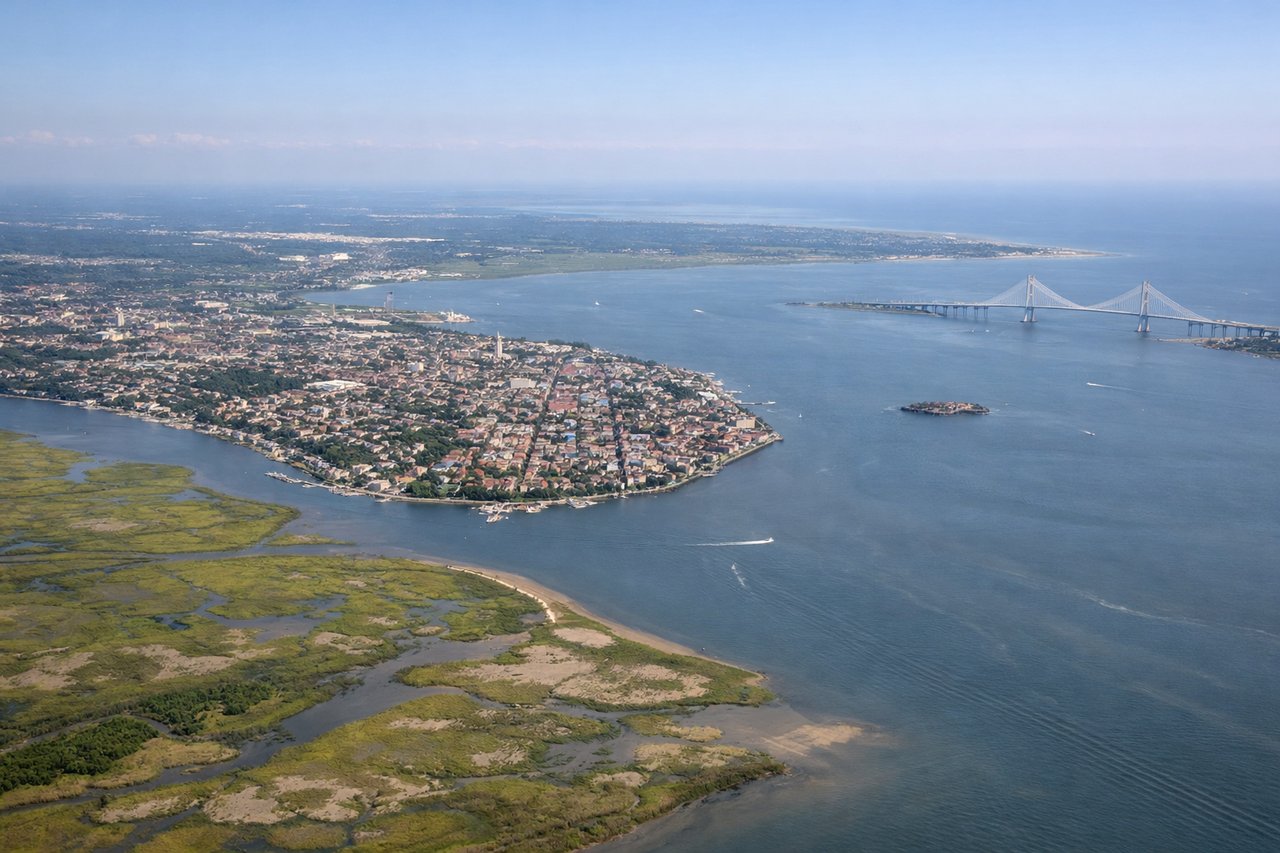 Left window seat view during takeoff from Charleston (CHS) — Cooper River, Charleston Harbor, the historic Charleston peninsula, Atlantic Ocean coastline