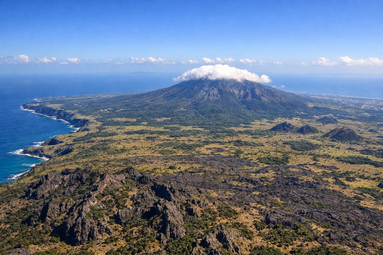 Aerial window seat view during takeoff from Cheju (right side) — Hallasan volcanic peak, Jeju's oreum cinder cones, coastal cliffs near Seongsan Ilchulbong, Jeju Strait