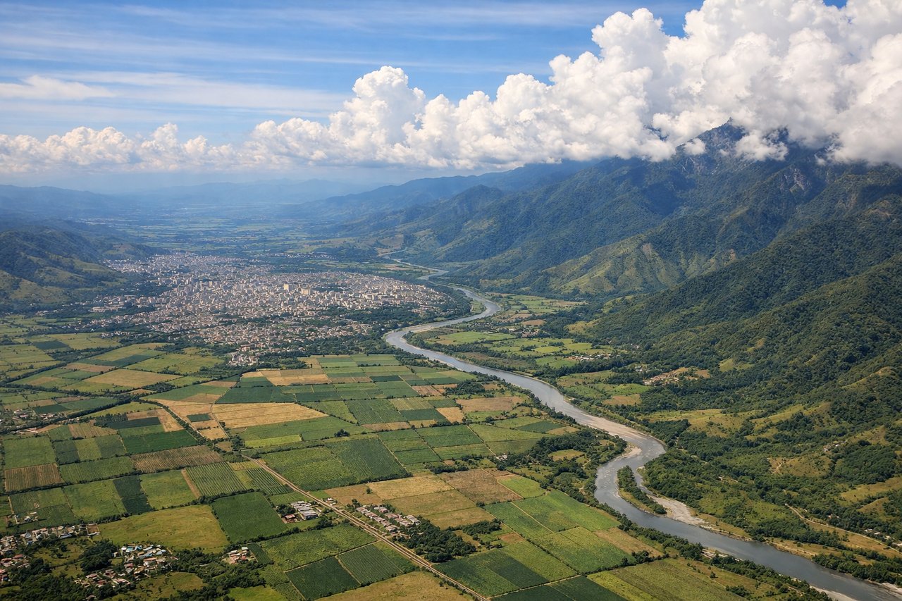 Left window seat view during landing at Cali (CLO) — Farallones de Cali (Western Cordillera peaks), city of Cali, Cauca River valley farmland, Central Cordillera foothills in the distance on the left