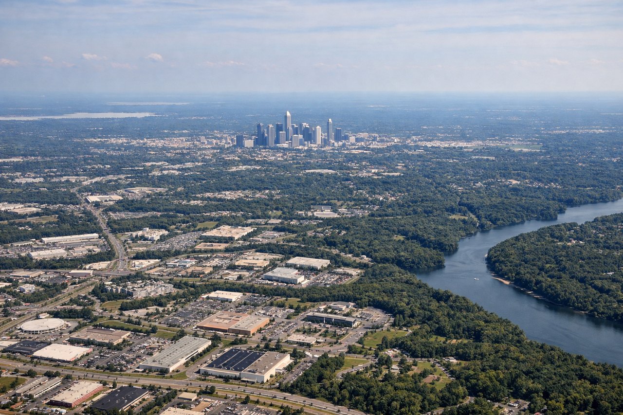 Left window seat view during landing at Charlotte (CLT) — Uptown Charlotte skyline, Charlotte Motor Speedway (visible earlier in descent to the north), Lake Norman in the distance, suburban Charlotte neighborhoods along the approach corridor