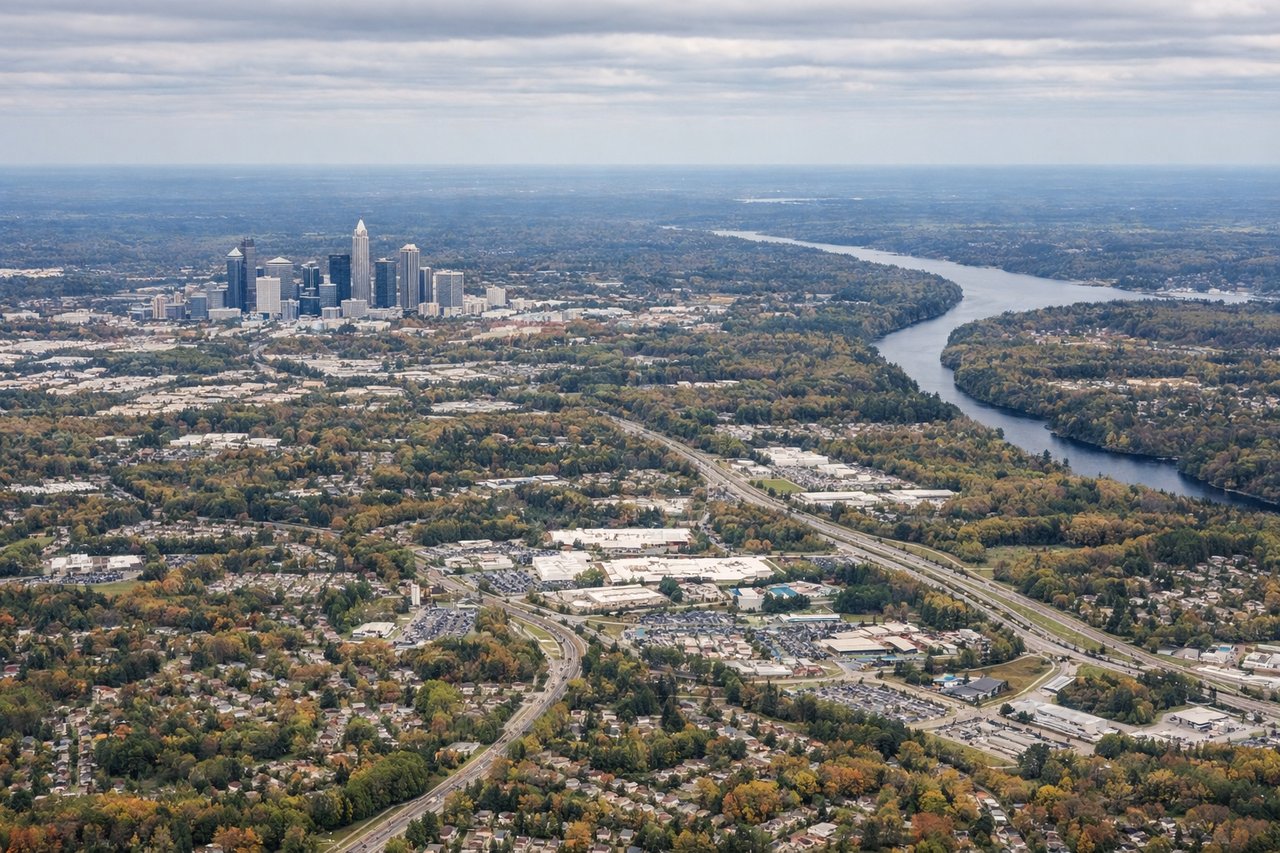Aerial window seat view during landing at Charlotte (right side) — Uptown Charlotte skyline (Bank of America Corporate Center and surrounding towers), Lake Norman to the north (large reservoir visible during descent), Catawba River corridor to the west, I-85/I-77 interchange visible near the airport