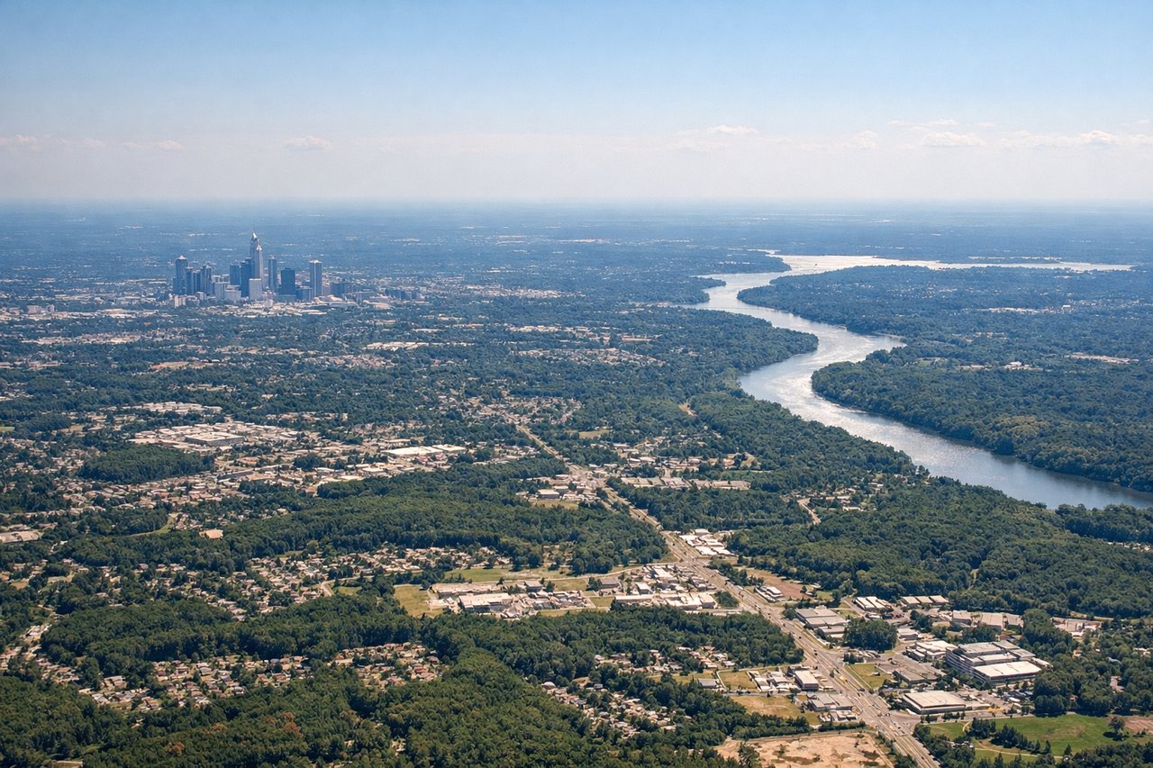Left window seat view during takeoff from Charlotte (CLT) — Uptown Charlotte skyline, Catawba River, South Charlotte suburbs, occasional glimpse of Lake Wylie further south