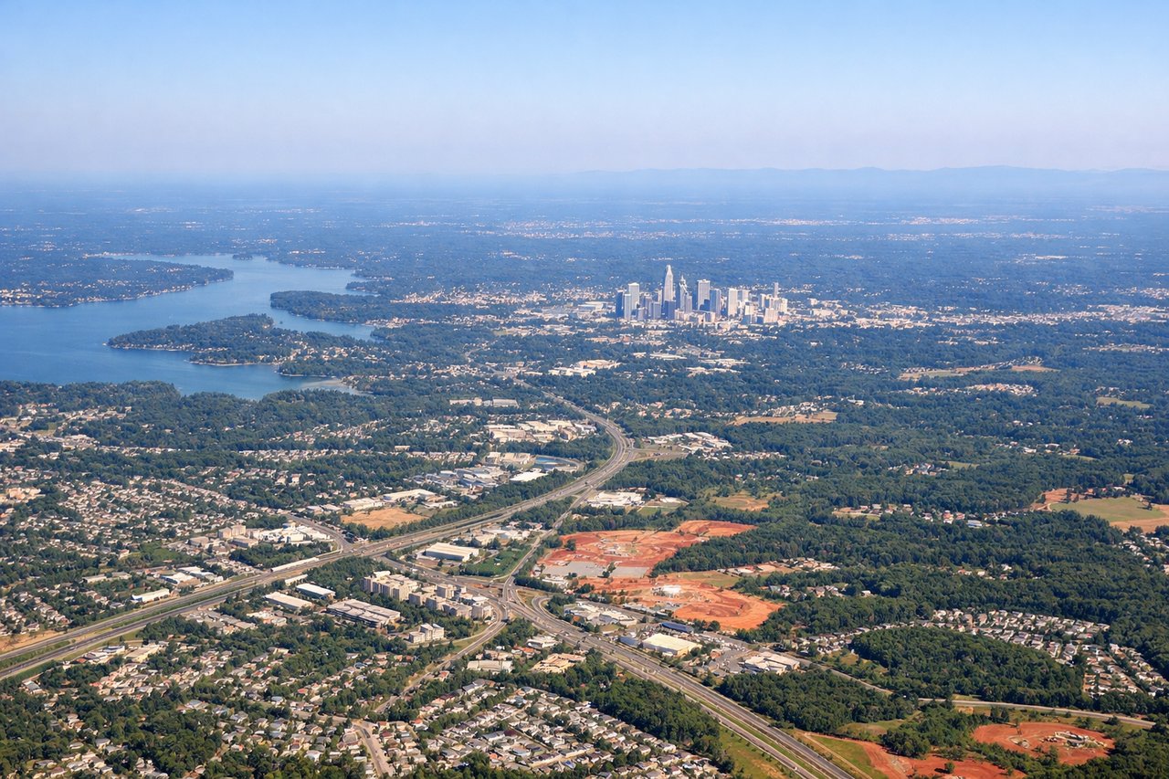 Right window seat view during takeoff from Charlotte (CLT) — Uptown Charlotte skyline, Catawba River, South Charlotte suburbs, occasional glimpse of Lake Wylie further south