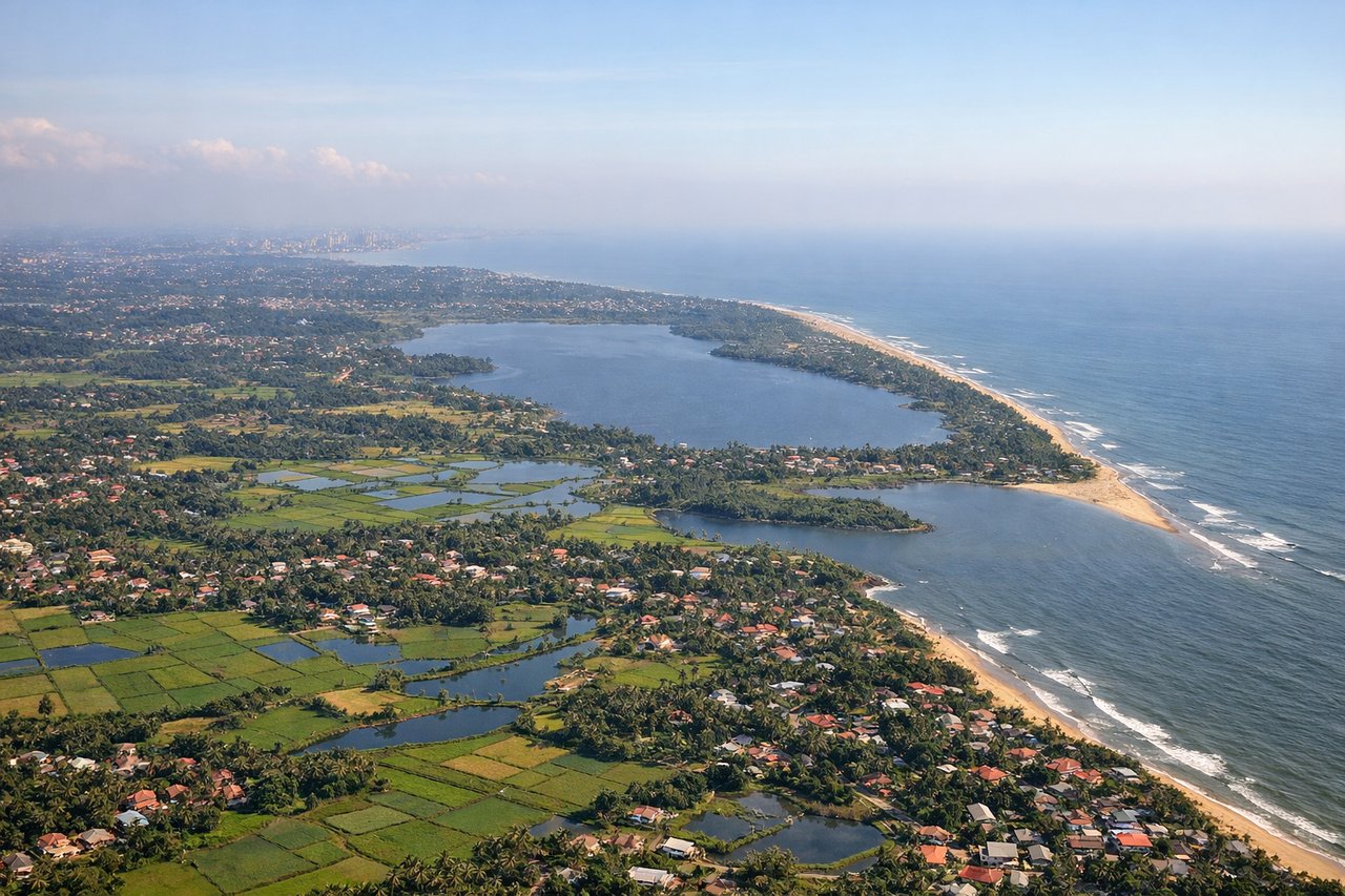 Right window seat view during landing at Colombo (CMB) — Indian Ocean coastline and beaches near Katunayake, Negombo Lagoon glimpsed to the north, coastal fishing villages with boats, coconut palm plantations lining the shore