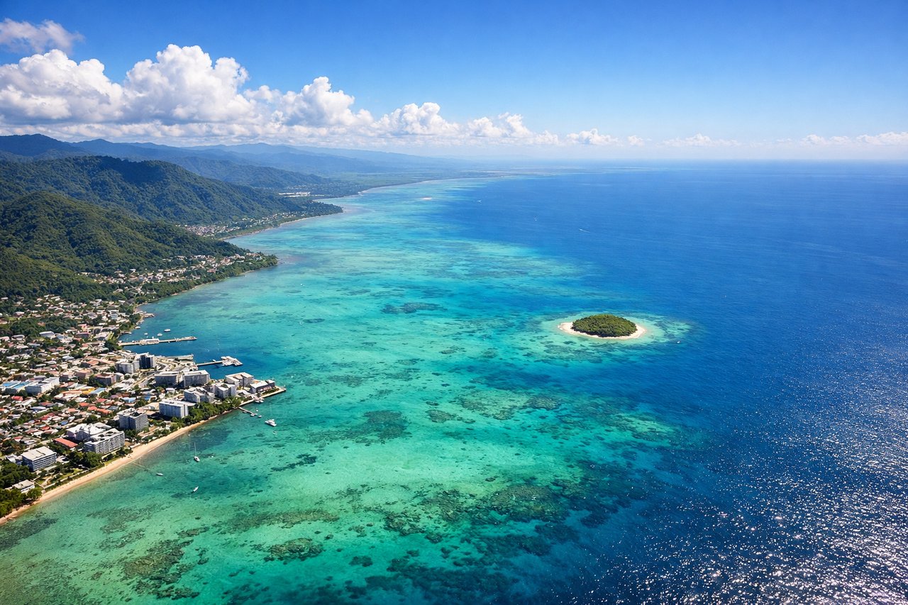 Aerial window seat view during landing at Cairns (right side) — Bellenden Ker Range, Atherton Tablelands rainforest peaks, Cairns coastal plain, outer Great Barrier Reef (distant)