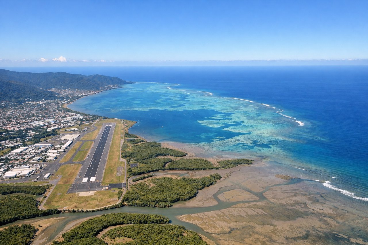 Right window seat view during takeoff from Cairns (CNS) — Coral Sea coastline, Fitzroy Island, Cairns harbor and inlet, Trinity Bay