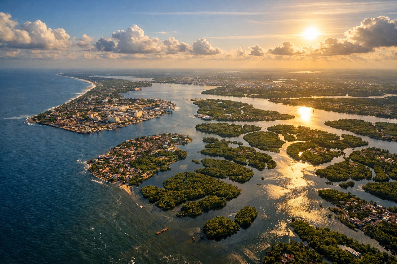 Aerial window seat view during landing at Kochi (left side) — Kochi backwaters and lagoon system, Arabian Sea, Vembanad Lake, Fort Kochi waterfront and harbor