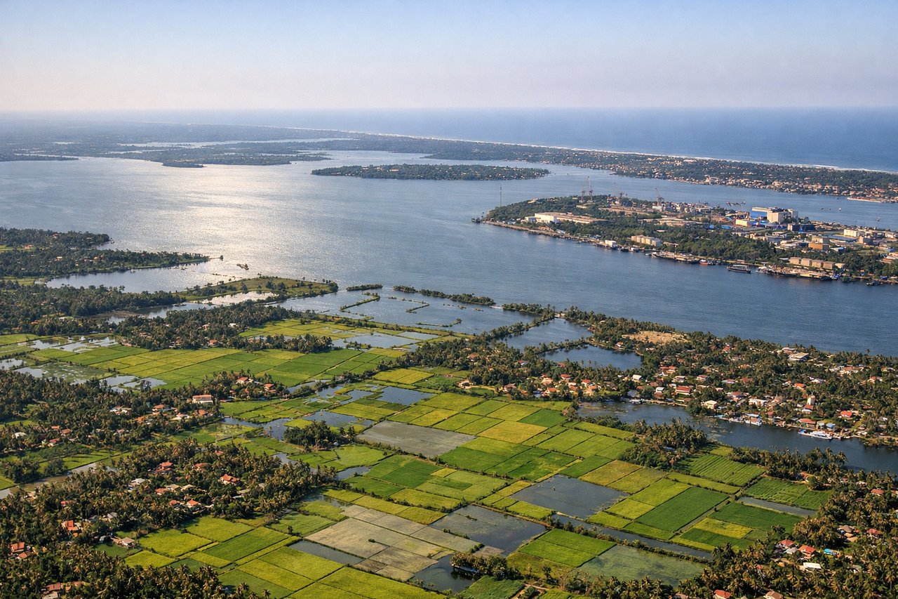 Aerial window seat view during landing at Kochi (right side) — Vembanad Lake, Kerala backwaters, Kochi harbor and Fort Kochi peninsula, coconut-lined coastline